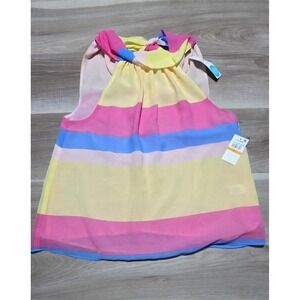 1.STATE Ella Halter Tie Back Blouse Womens S Yellow Pink Blue Striped Sleeveless